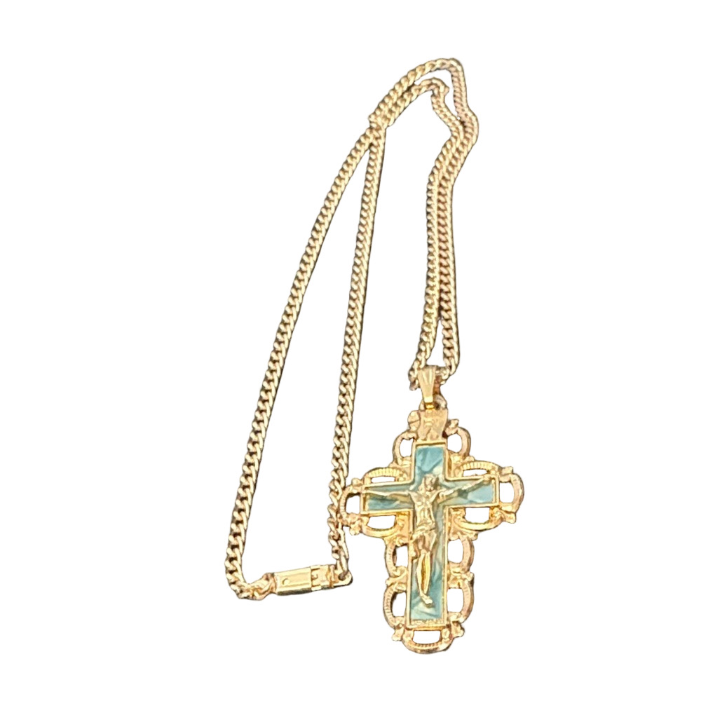 Vintage Gold and Blue Cross Pendant Necklace Made In Germany